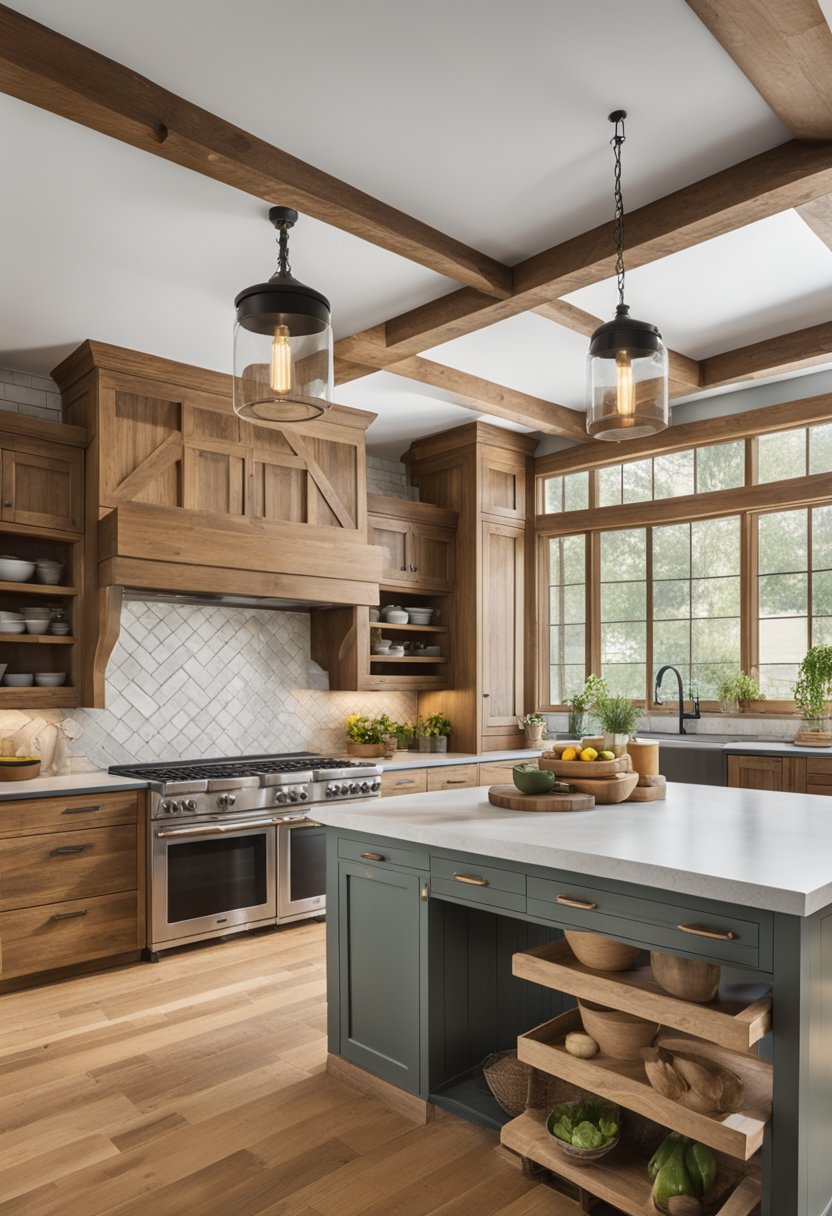 A spacious country kitchen with rustic wooden cabinets, a farmhouse sink, and a large central island with a butcher block countertop