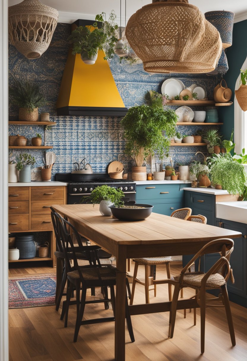 A kitchen with eclectic bohemian design, featuring vibrant colors, mixed patterns, and natural textures. Open shelving displays unique dishes and plants. A vintage rug and hanging macrame add a cozy touch