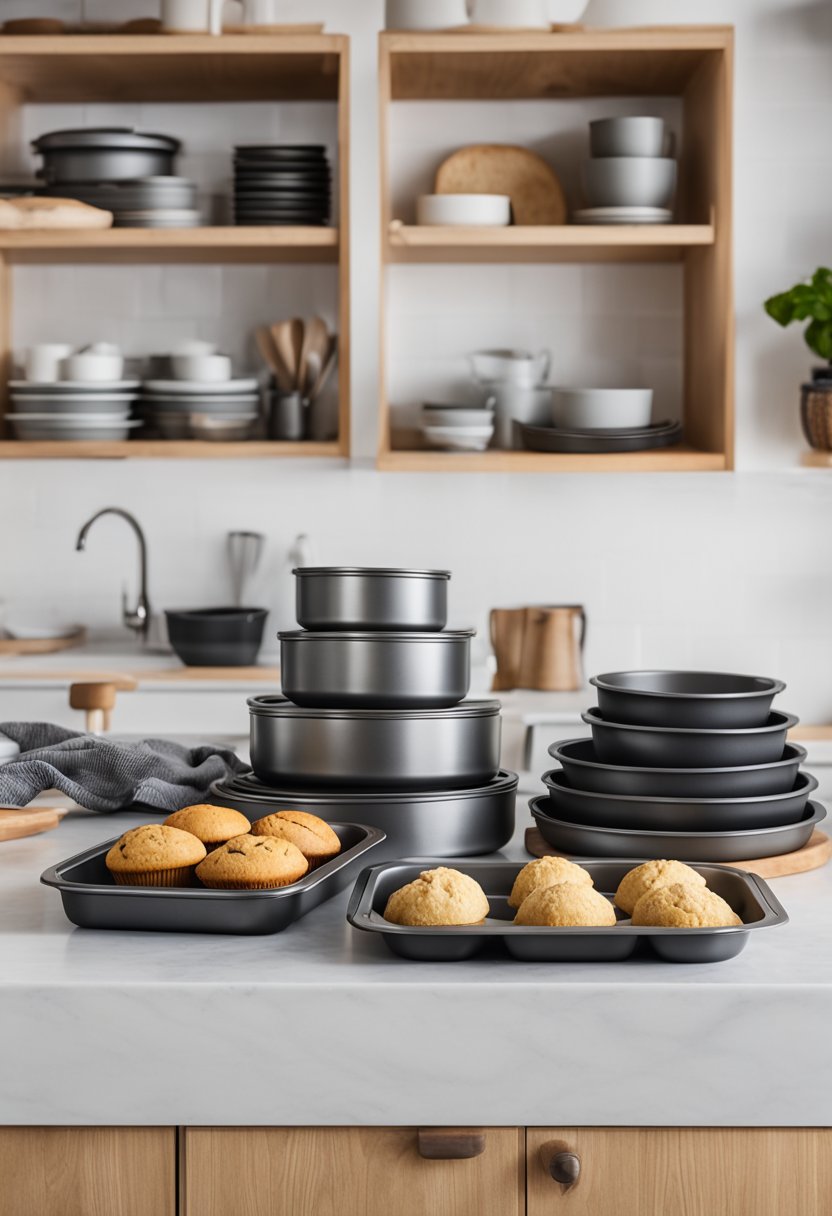 A variety of baking pans arranged neatly on a kitchen counter, including a round cake pan, a loaf pan, a muffin tin, and a cookie sheet