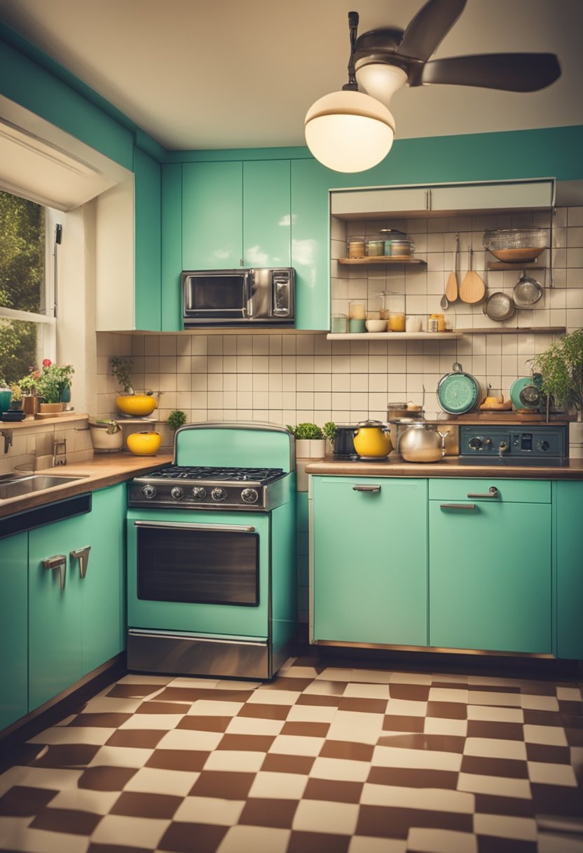 A retro kitchen with bright colors, checkered floors, and vintage appliances. A kitschy clock on the wall and quirky decor add to the nostalgic vibe