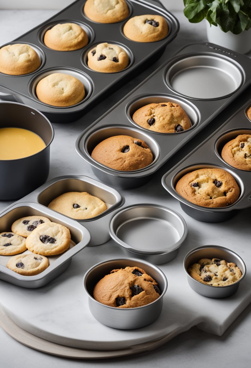 Various baking pans lined up on a kitchen counter, including a round cake pan, a loaf pan, a muffin tin, and a baking sheet with cookies