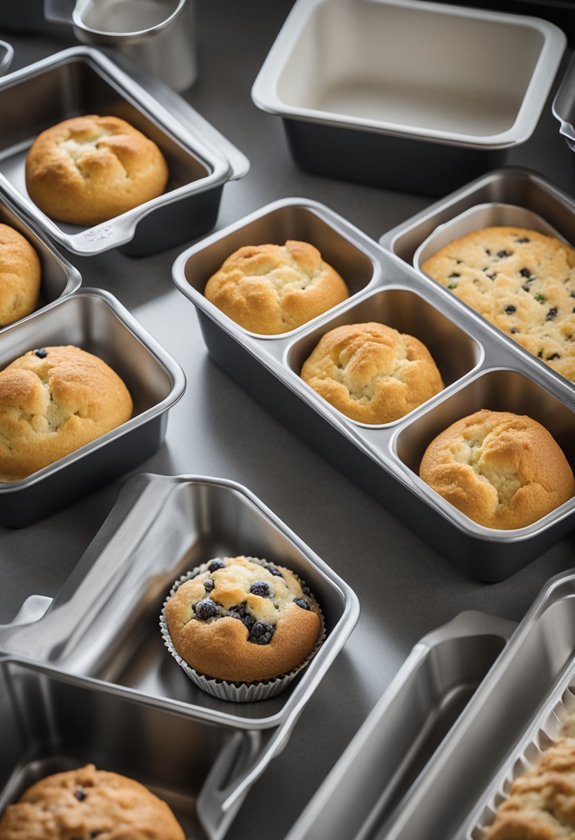 A variety of baking pans arranged on a kitchen counter, including sheet pans, cake pans, muffin tins, and loaf pans