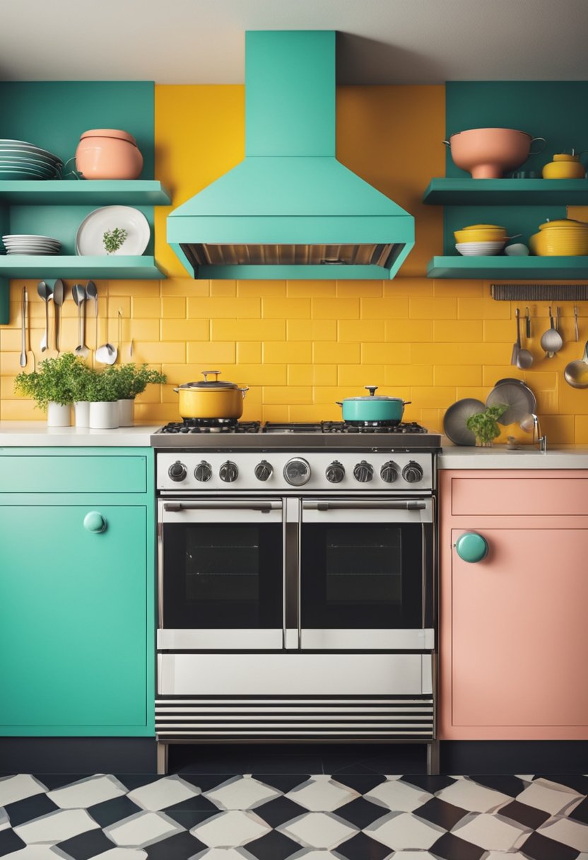 A vibrant kitchen with bright colors, funky patterns, and retro appliances. A mix of vintage and modern elements creates a playful and nostalgic atmosphere