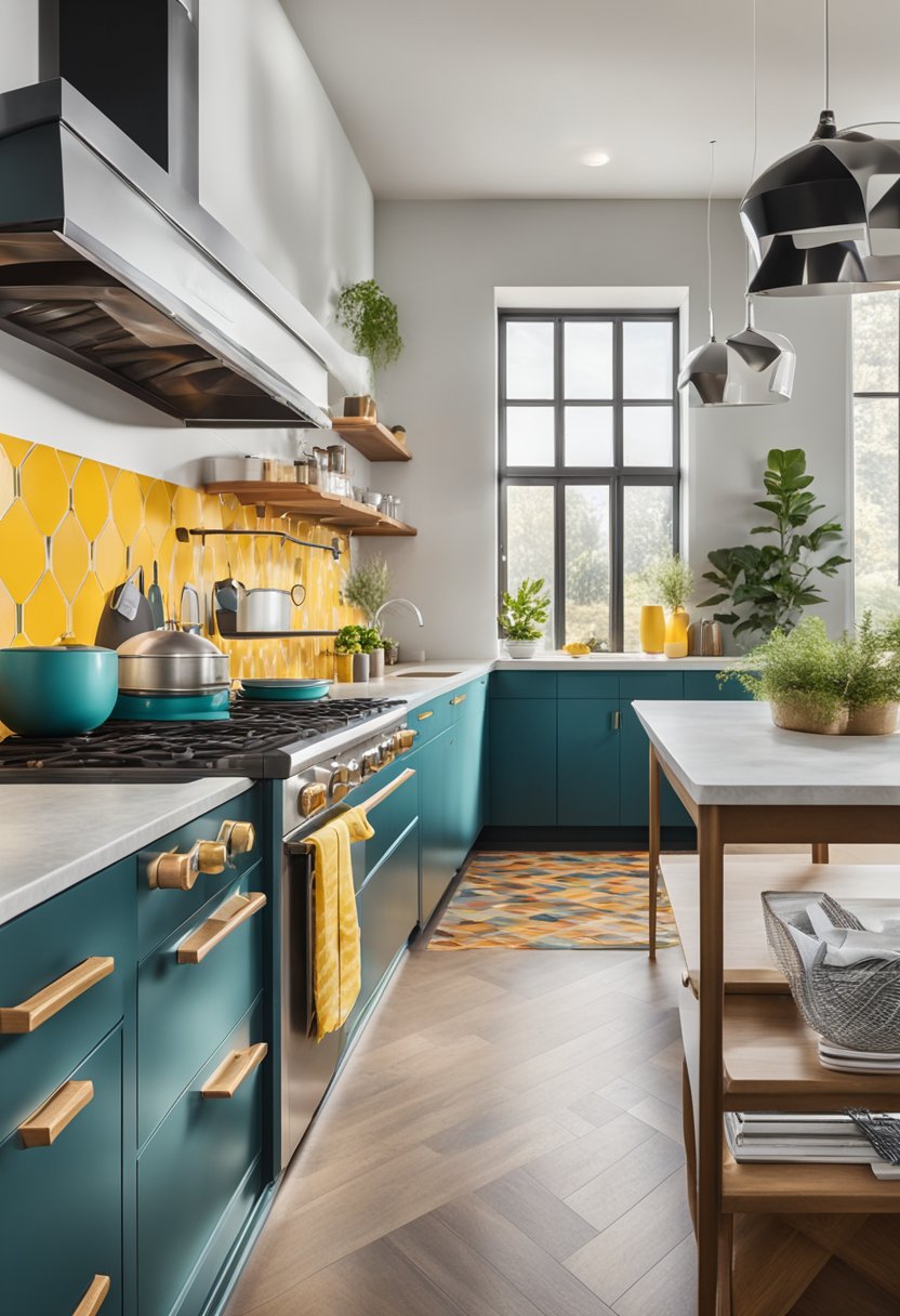 A sleek, minimalist kitchen with bold pops of color and retro-inspired appliances. Geometric patterns and vintage accents blend seamlessly with contemporary design elements