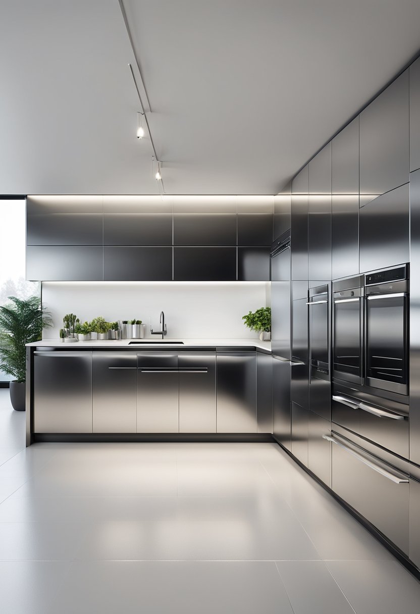 A sleek chrome kitchen with metallic accents, clean lines, and reflective surfaces. Modern appliances and minimalist design create a futuristic yet functional space