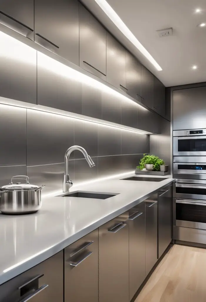 A sleek chrome kitchen with metallic appliances and fixtures gleaming under the warm glow of recessed lighting