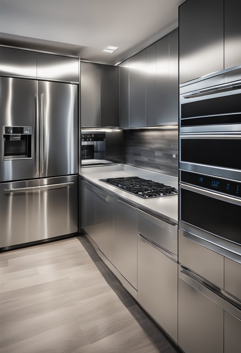 A sleek chrome kitchen with modern appliances and metallic accents, reflecting light and creating a contemporary and luxurious atmosphere