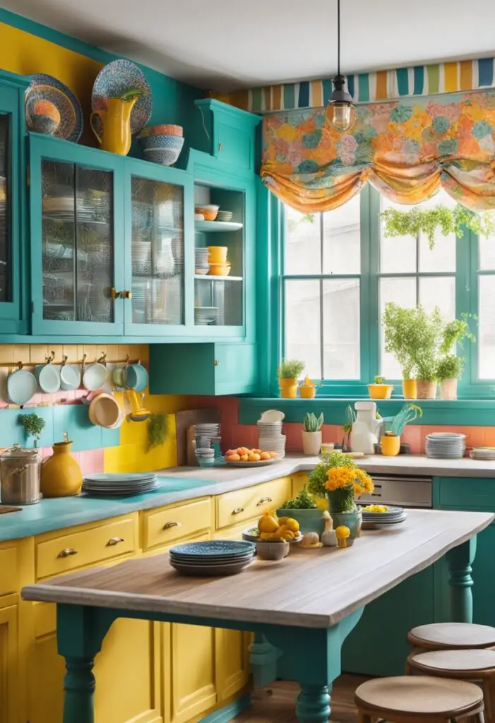 A colorful kitchen with quirky DIY projects like hand-painted plates, mismatched curtains, and vintage-inspired decor