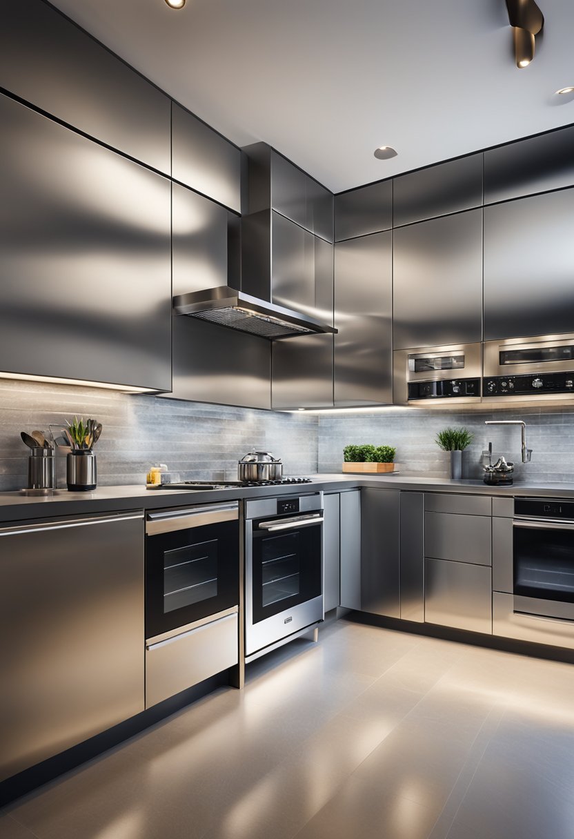 A sleek chrome kitchen gleams under warm lighting, with reflective metallic surfaces and modern appliances creating a luxurious and contemporary atmosphere