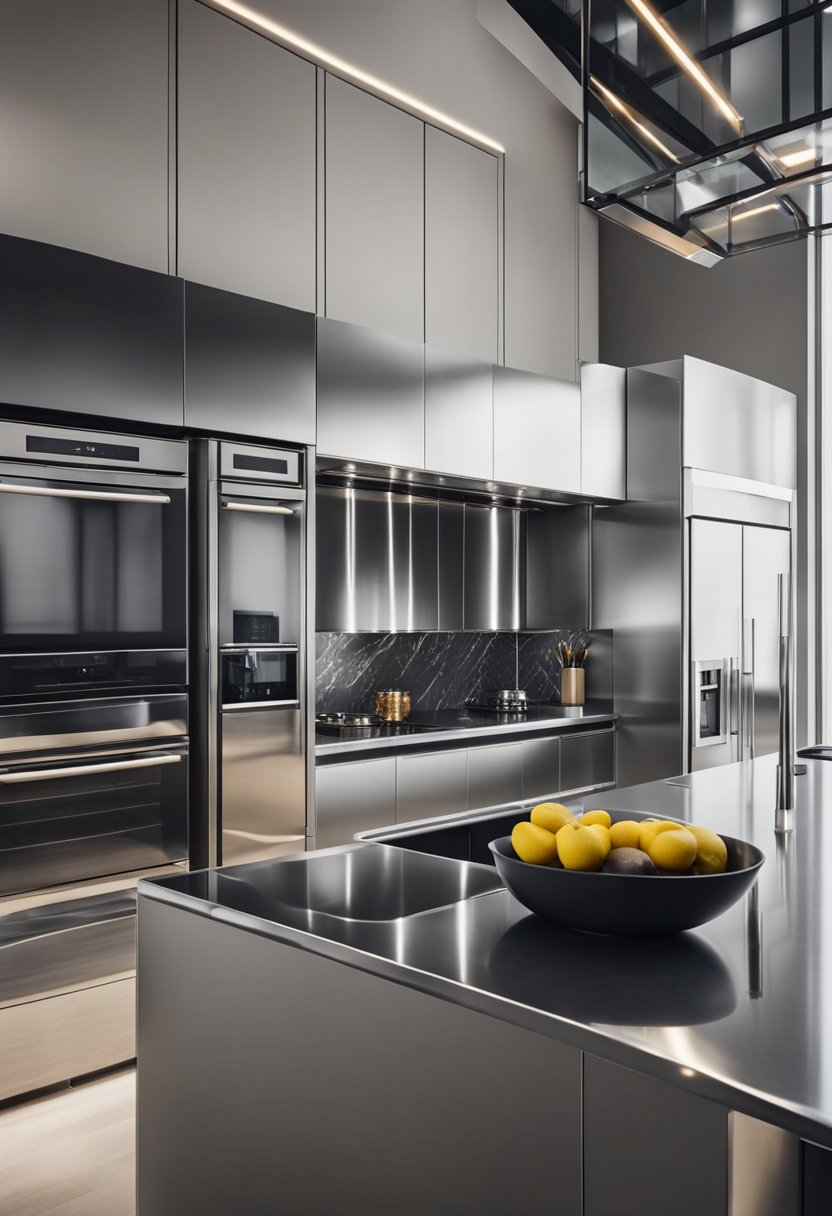 A sleek chrome kitchen with metallic accents and modern appliances. Shiny surfaces reflect light, creating a contemporary and luxurious atmosphere