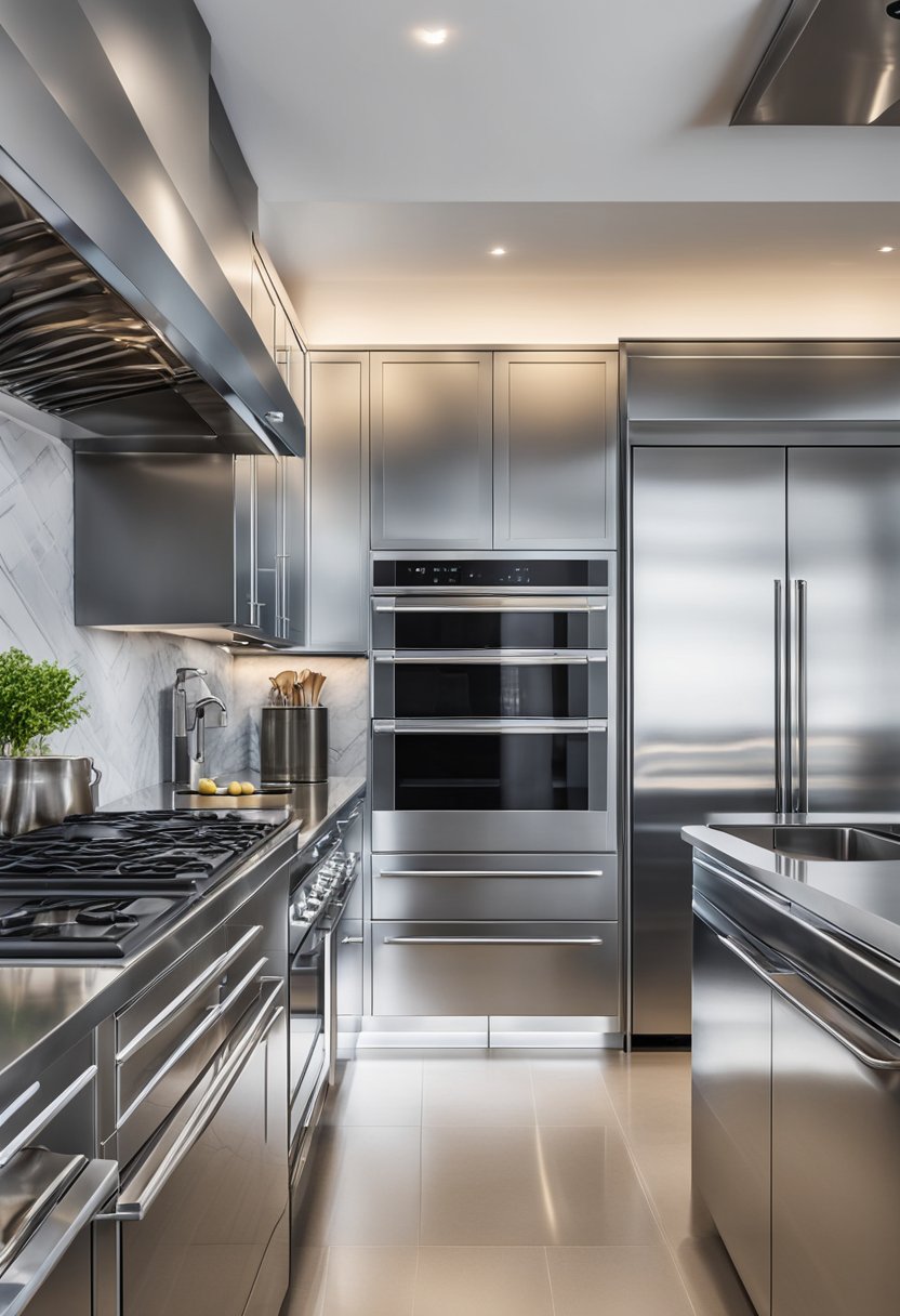 A sleek chrome kitchen with reflective surfaces and metallic accents. Shiny appliances and fixtures add a modern, luxurious feel to the space