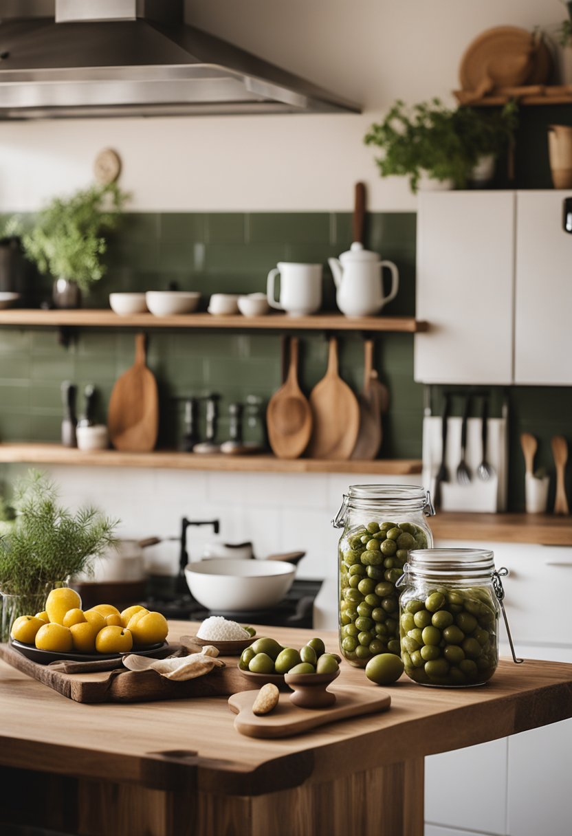 A light colored wooden kitchen island with green olives on top. An out of focus olive green kitchen in the background.