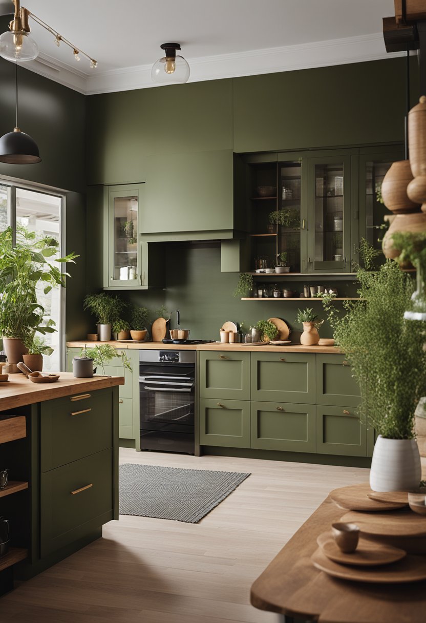 An olive green kitchen with a white ceiling. The kitchen is decorated with small, light wood bowls and vases.