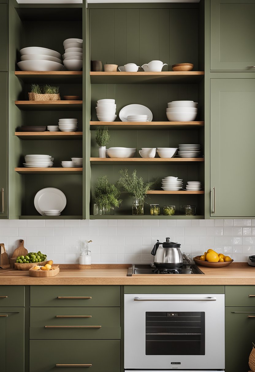 An olive green kitchen with open shelving with stainless steel hardware.