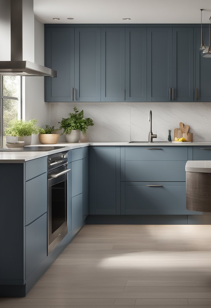 Soft natural light illuminates a modern slate blue kitchen with sleek countertops and stainless steel appliances. Subtle shadows add depth to the minimalist design