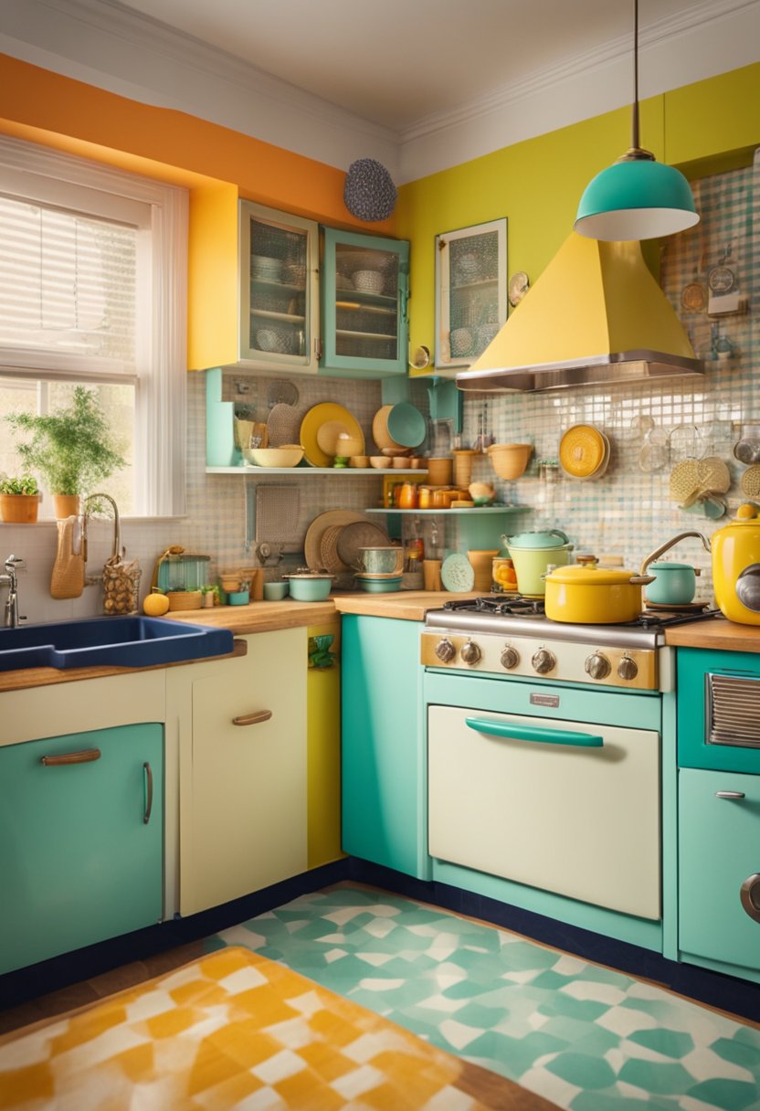 A vibrant, retro kitchen with bright, mismatched colors and patterns. Kitschy decor like vintage appliances, gingham curtains, and quirky knick-knacks fill the space