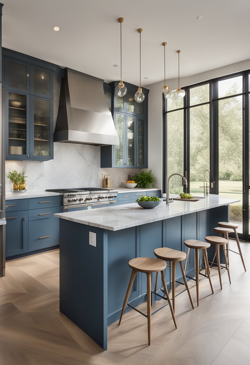 A modern kitchen with slate blue cabinets, stainless steel appliances, and marble countertops. The natural light streams in through the large windows, illuminating the sleek and stylish design