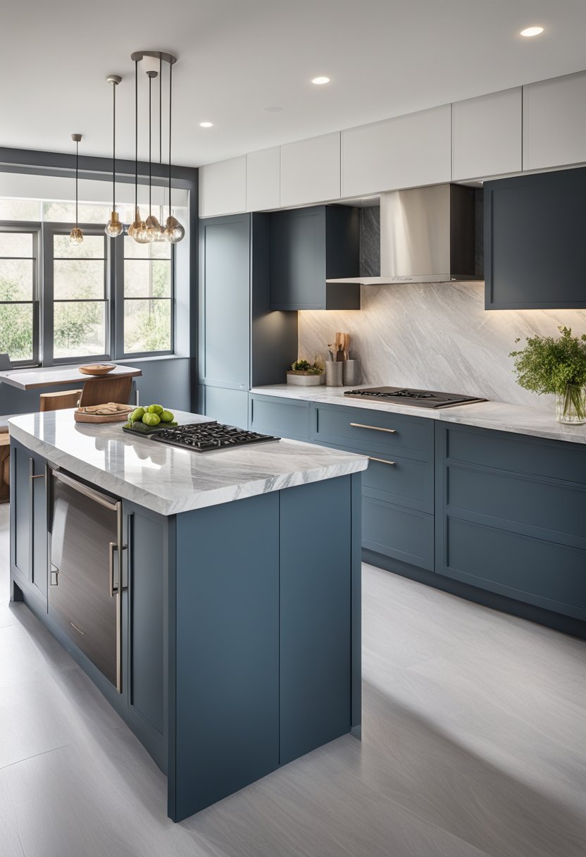 A modern kitchen with slate blue cabinets, stainless steel appliances, and marble countertops. Light streams in through a large window, illuminating the sleek design