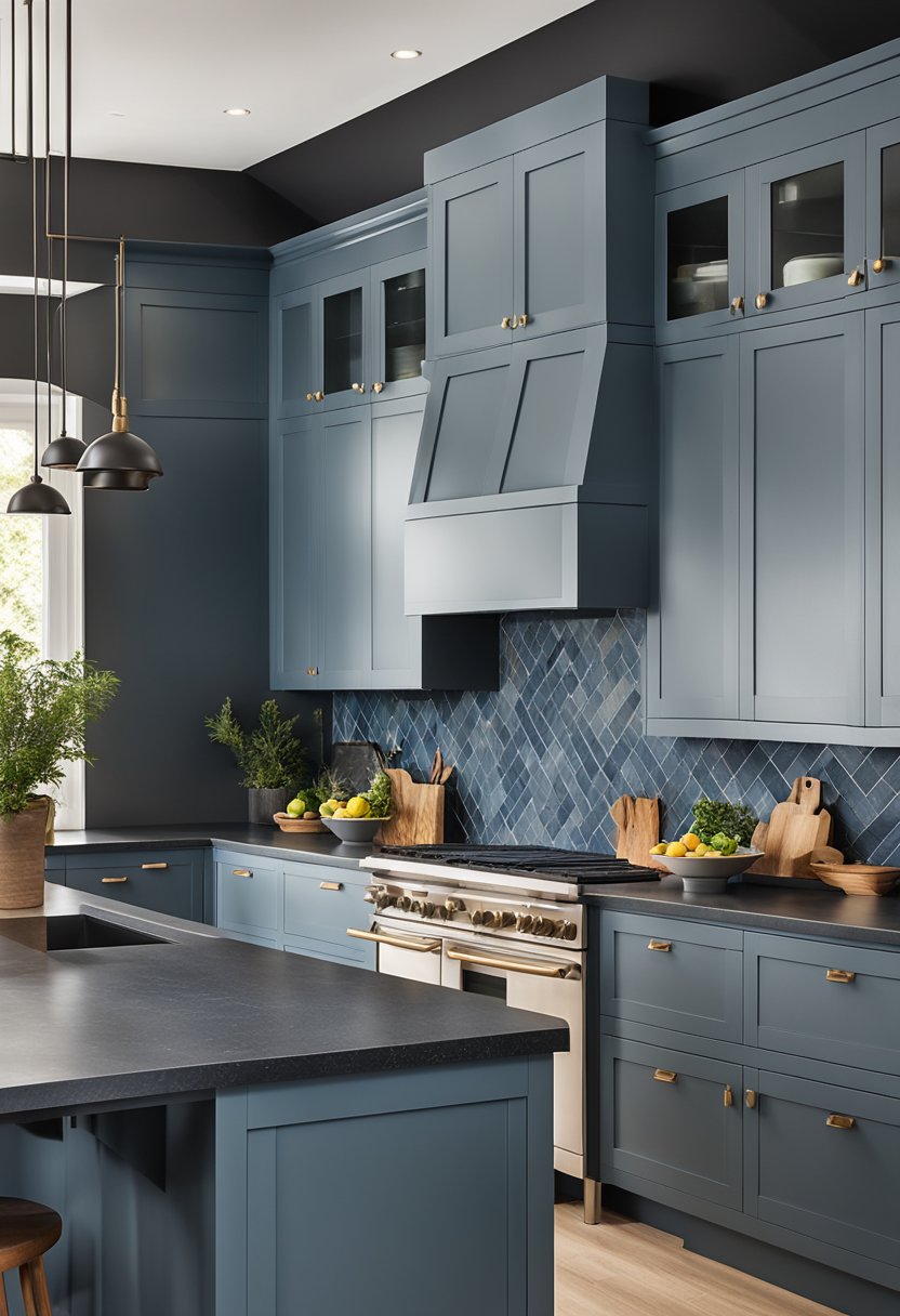 Slate blue cabinetry and countertops in a modern kitchen design