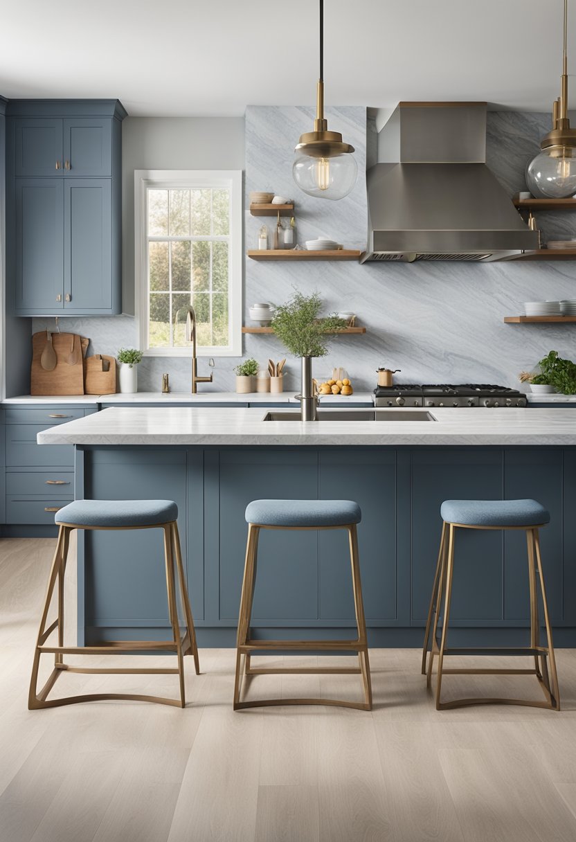 A modern kitchen with slate blue cabinets, stainless steel appliances, and marble countertops. The color palette includes shades of blue, gray, and white