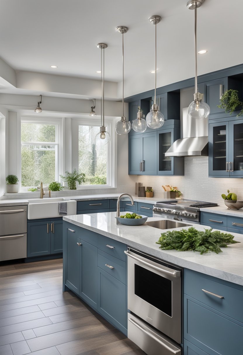 A sleek slate blue kitchen with stainless steel appliances and modern fixtures