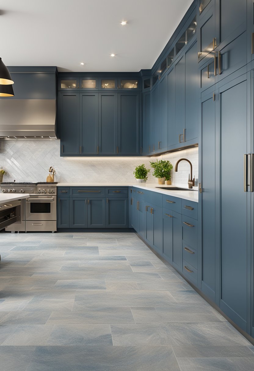 Slate blue kitchen with matching backsplashes and flooring