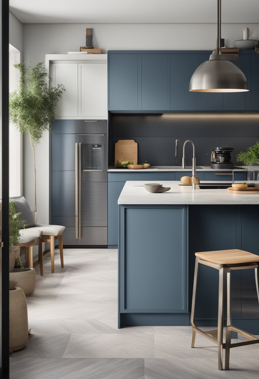 A slate blue kitchen with modern decorative elements and sleek appliances