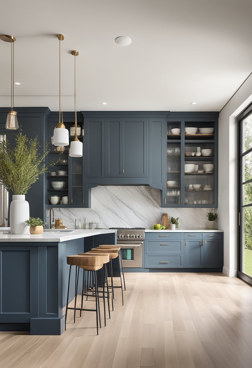 A spacious kitchen with slate blue cabinets, white marble countertops, and stainless steel appliances. Large windows let in natural light, highlighting the modern and elegant design