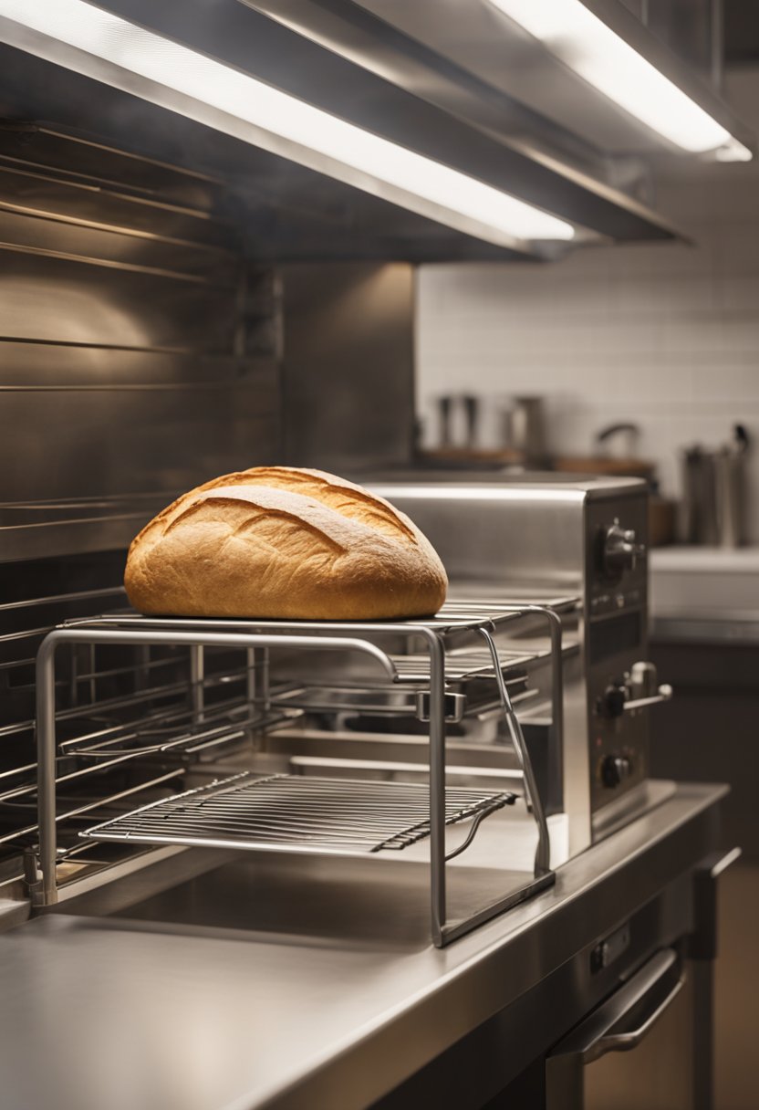 A loaf of freshly baked bread sits on a cooling rack next to a bread machine. Steam rises from the golden crust, and the kitchen is filled with the warm, inviting aroma of freshly baked bread