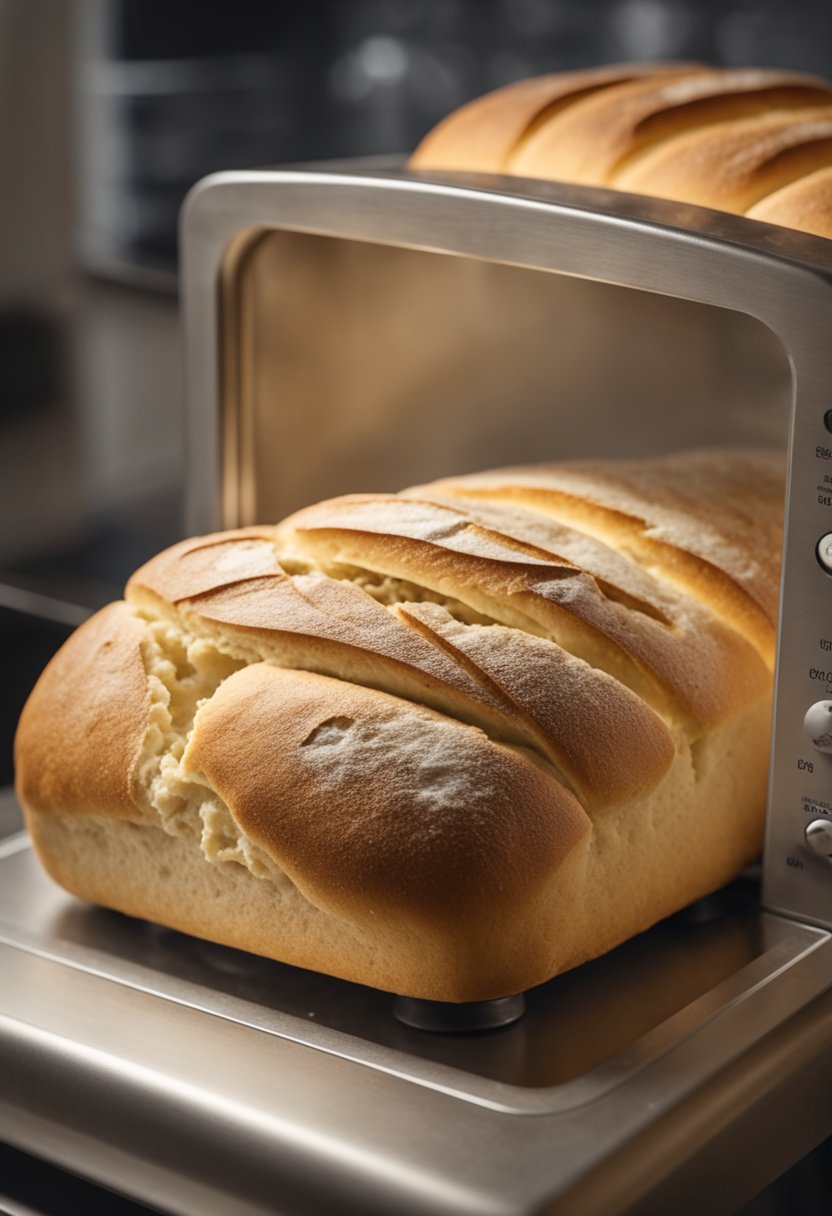 A bread machine kneads dough, then bakes it until golden brown. Steam rises from the top as the loaf bakes