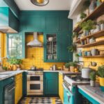 A quirky kitchen with mismatched furniture, vintage appliances, and eclectic decor. Bright colors and patterns fill the space, creating a lively and eccentric atmosphere