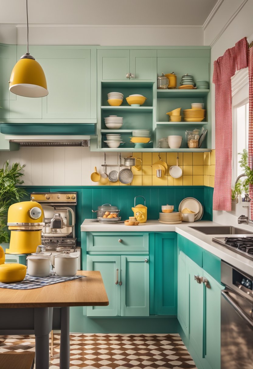 A colorful kitchen with retro appliances, gingham curtains, and vintage signage. Social media icons are displayed on a smartphone, with trending kitchen decor ideas