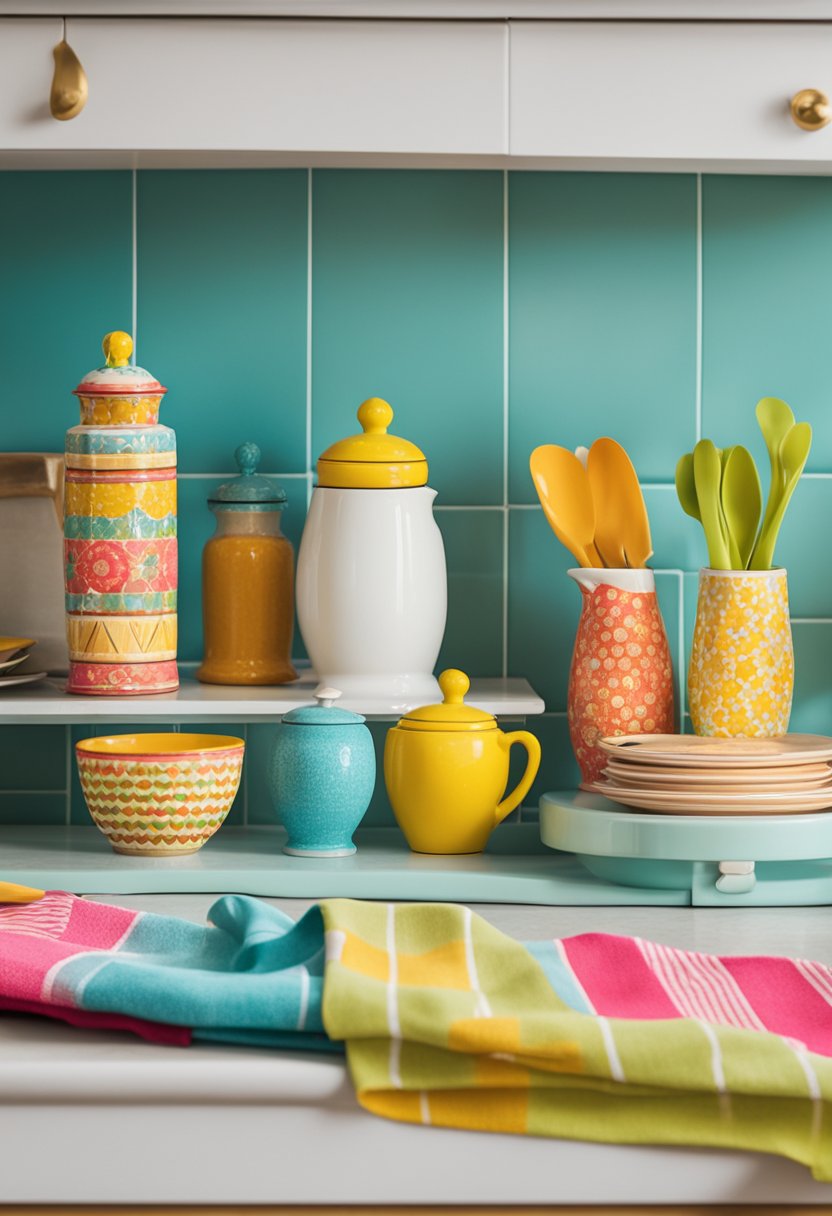 A retro kitchen adorned with vibrant, mismatched decor: gaudy salt and pepper shakers, whimsical tea towels, and kitschy wall art