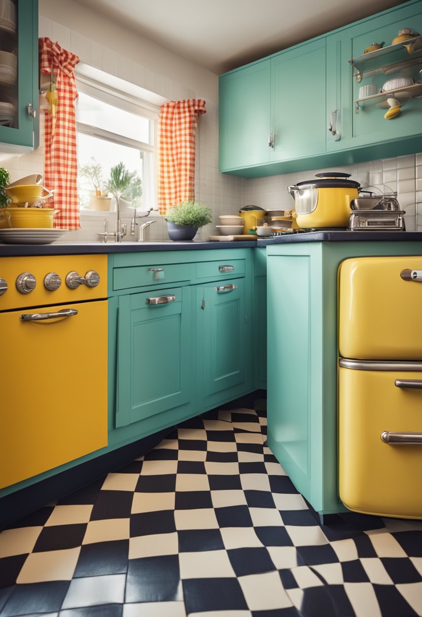 A colorful retro kitchen with gingham curtains, vintage appliances, and quirky knick-knacks on the shelves