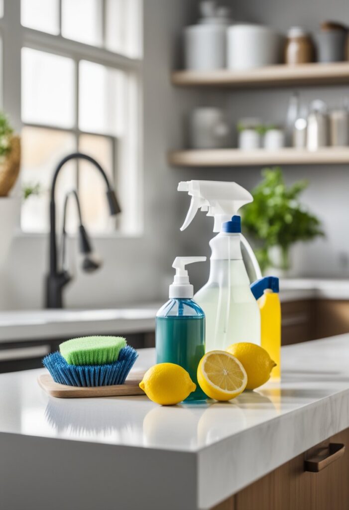 A kitchen counter with various natural cleaning solutions (vinegar, baking soda, lemon) and cleaning tools (spray bottle, scrub brush) arranged neatly