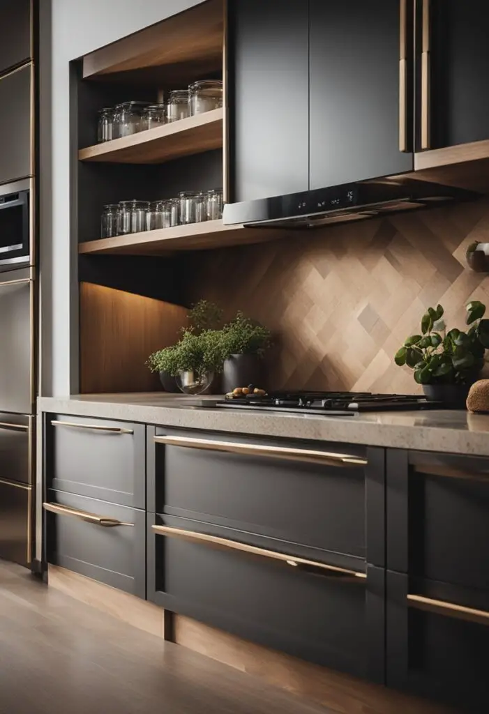 A sleek kitchen with dark wooden backsplash and dark cabinets with brass hardware.