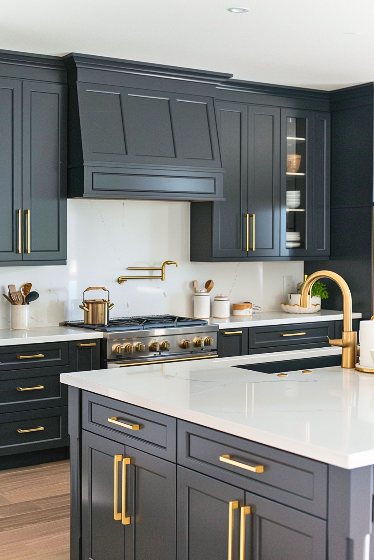 Contemporary kitchen with dark charcoal cabinetry and brass hardware, featuring a large matching range hood and a white marble backsplash. The kitchen includes a brass pot filler above a stainless steel stove with brass accents, a white quartz countertop, and a brass faucet on the island. Clean lines and luxurious brass details add a modern and elegant touch to the space.