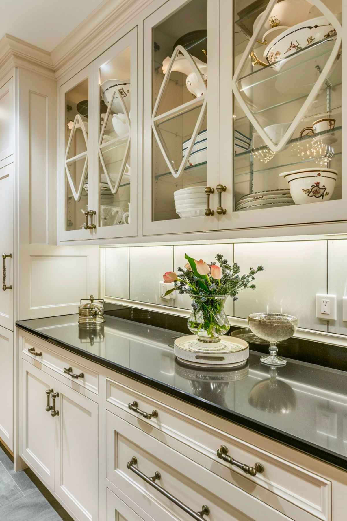 Elegant kitchen cabinetry with cream-colored cabinets featuring glass doors and decorative diamond-patterned mullions. Inside the glass cabinets, fine china and dishware are displayed. The black countertop is decorated with a small glass vase of pink roses and greenery, adding a touch of charm. Brass hardware on the cabinets and soft under-cabinet lighting enhance the warm, refined aesthetic.