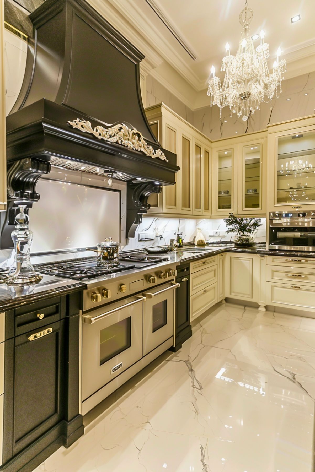 Luxurious kitchen with a dramatic black range hood adorned with intricate gold detailing, cream cabinetry with glass-front display cabinets, and a high-end cream and black dual oven range. The space is illuminated by a sparkling crystal chandelier, with marble-look floors and a sleek, marble backsplash. Elegant and opulent design elements create a sophisticated atmosphere.