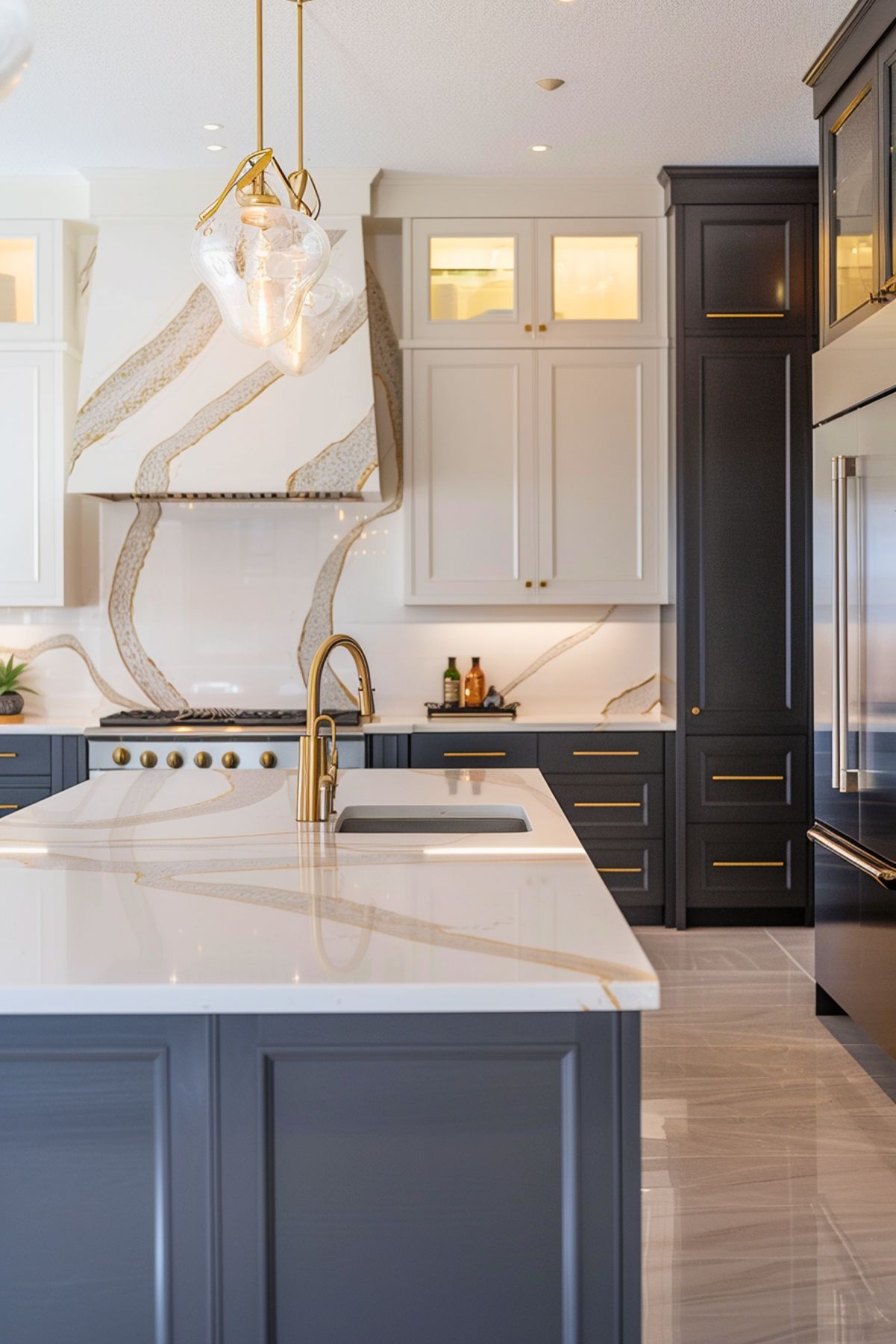 Sophisticated kitchen with a striking white and charcoal color scheme, featuring a custom range hood with flowing gold and beige veining that matches the marble backsplash and countertops. Brass accents are present on cabinet hardware, the faucet, and lighting fixtures, adding a touch of luxury. The island has a built-in sink and elegant pendant lights, while the glossy floors enhance the room's polished look.