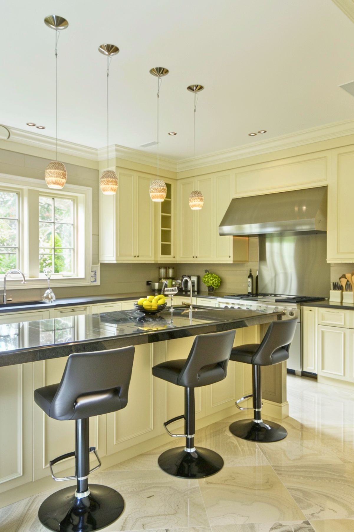 Modern kitchen with cream cabinetry and a large stainless steel range hood. The kitchen features a black granite island countertop with sleek black bar stools, pendant lights with woven shades, and light marble tile flooring. A large window provides natural light, while decorative accents like a bowl of lemons and green plants add a touch of color to the elegant, minimalist design.