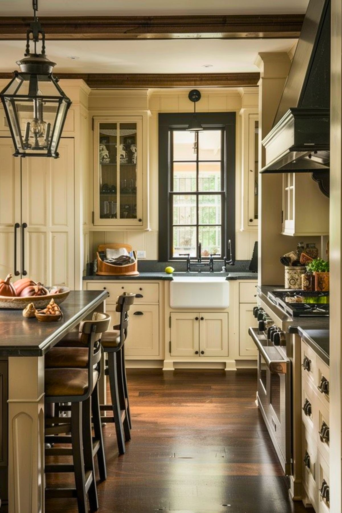 Rustic kitchen with cream cabinetry, a black range hood, and a farmhouse sink under a large window framed in black. The kitchen features dark wood floors, black countertops, and classic pendant lighting with an industrial-style lantern fixture over the island. Warm tones and traditional elements create a cozy, inviting ambiance with a touch of farmhouse charm.