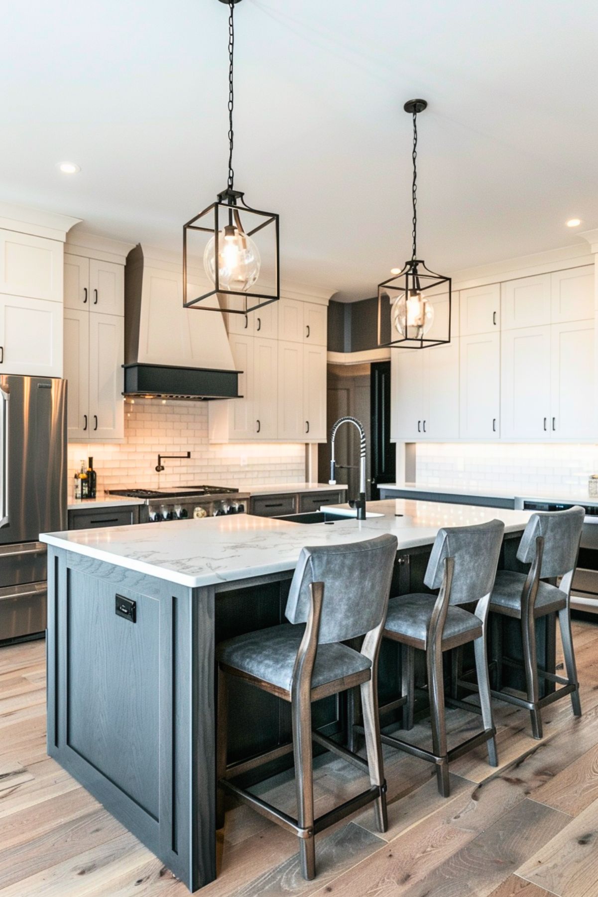 Modern kitchen with a charcoal grey island, white upper cabinets, and black hardware. The kitchen features pendant lights with open cube frames, leather bar stools at the island, stainless steel appliances, and a white subway tile backsplash. Light wood flooring adds warmth to the clean, contemporary design.