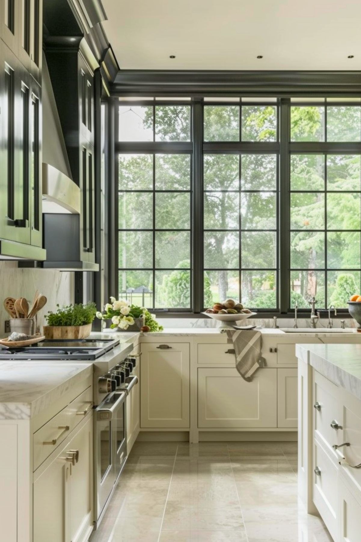 Bright kitchen with large black-framed windows overlooking a lush green garden, filling the space with natural light. Cream cabinetry pairs with marble countertops and backsplash, while stainless steel appliances add a modern touch. Decor includes fresh greenery, white flowers, and a bowl of fruit, enhancing the airy, nature-inspired aesthetic.