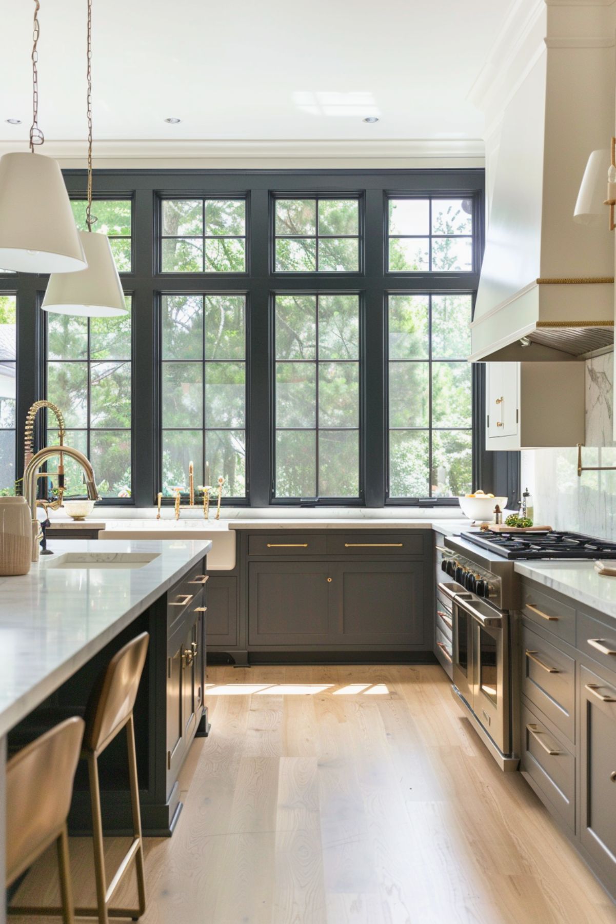 Modern kitchen with charcoal grey lower cabinets and a large farmhouse sink set against black-framed floor-to-ceiling windows, providing a scenic view of lush greenery. The kitchen features brass hardware, a white marble countertop, and light wood flooring, creating a bright and airy feel. Elegant pendant lights and a stainless steel range complete the sophisticated design.