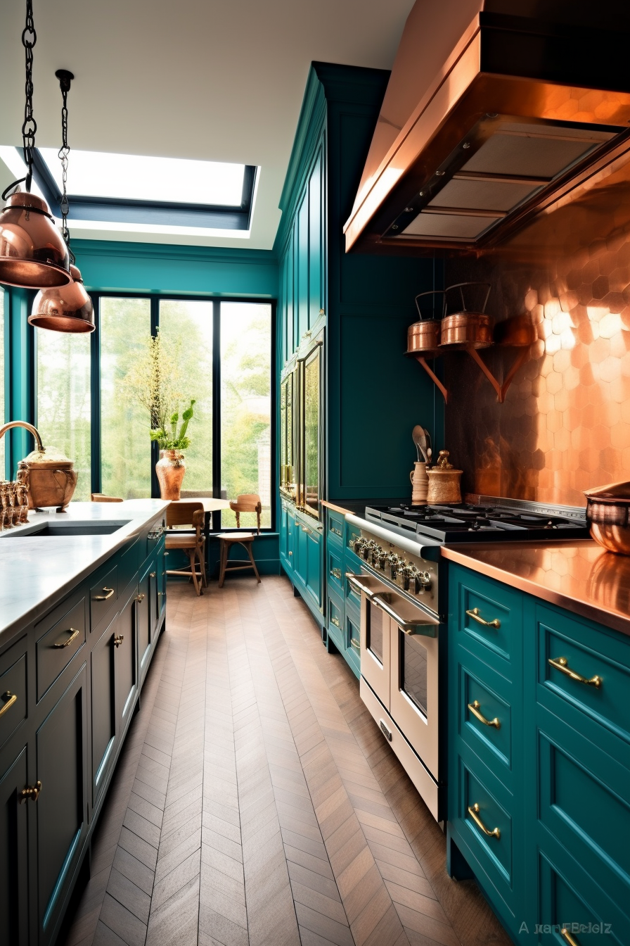 A bright and airy kitchen featuring deep teal cabinetry and copper accents. Large windows flood the space with natural light, enhancing the reflective copper pots and tiled backsplash. Copper pendant lights hang from a chain over the island. The kitchen is equipped with state-of-the-art appliances and a large stove, all framed by the rich teal color of the cabinets and sleek, gray countertops.