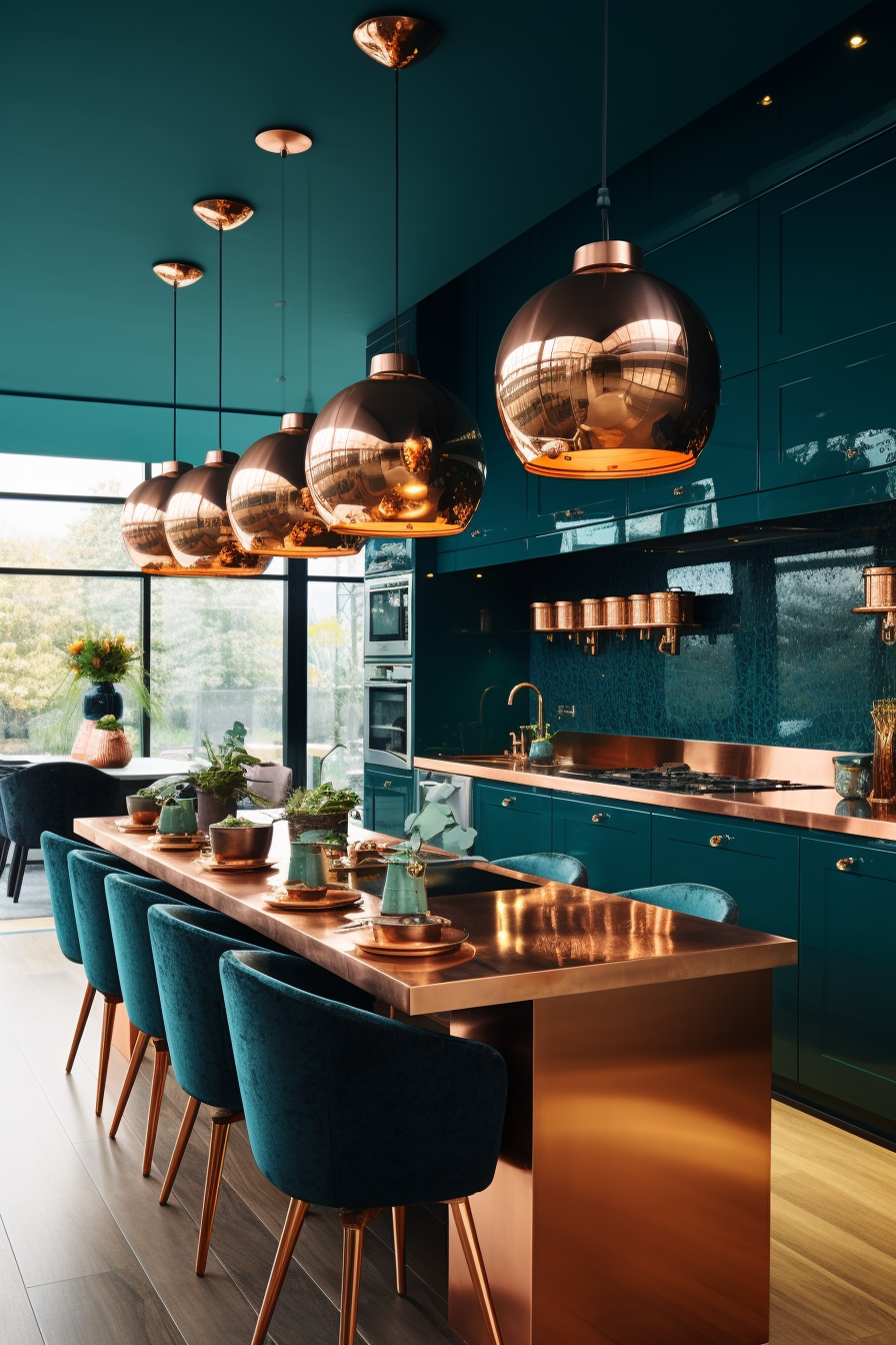 A modern kitchen with teal cabinetry and copper accents. The kitchen features a copper countertop with matching pendant lights hanging above. A teal bar with plush, teal velvet stools lines one side. The room is filled with natural light streaming in from large windows, highlighting the vibrant colors and reflective surfaces.