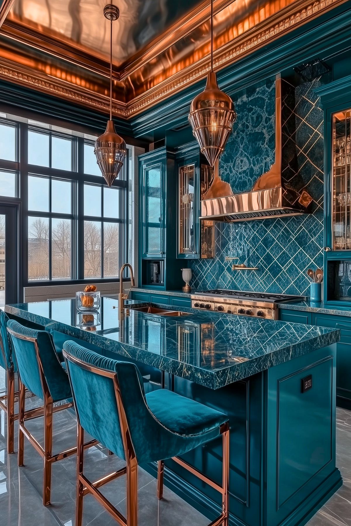 Luxurious teal kitchen with copper accents, featuring a marble island countertop, plush teal velvet bar stools with copper frames, and copper pendant lights against a backdrop of large windows and detailed cabinetry.