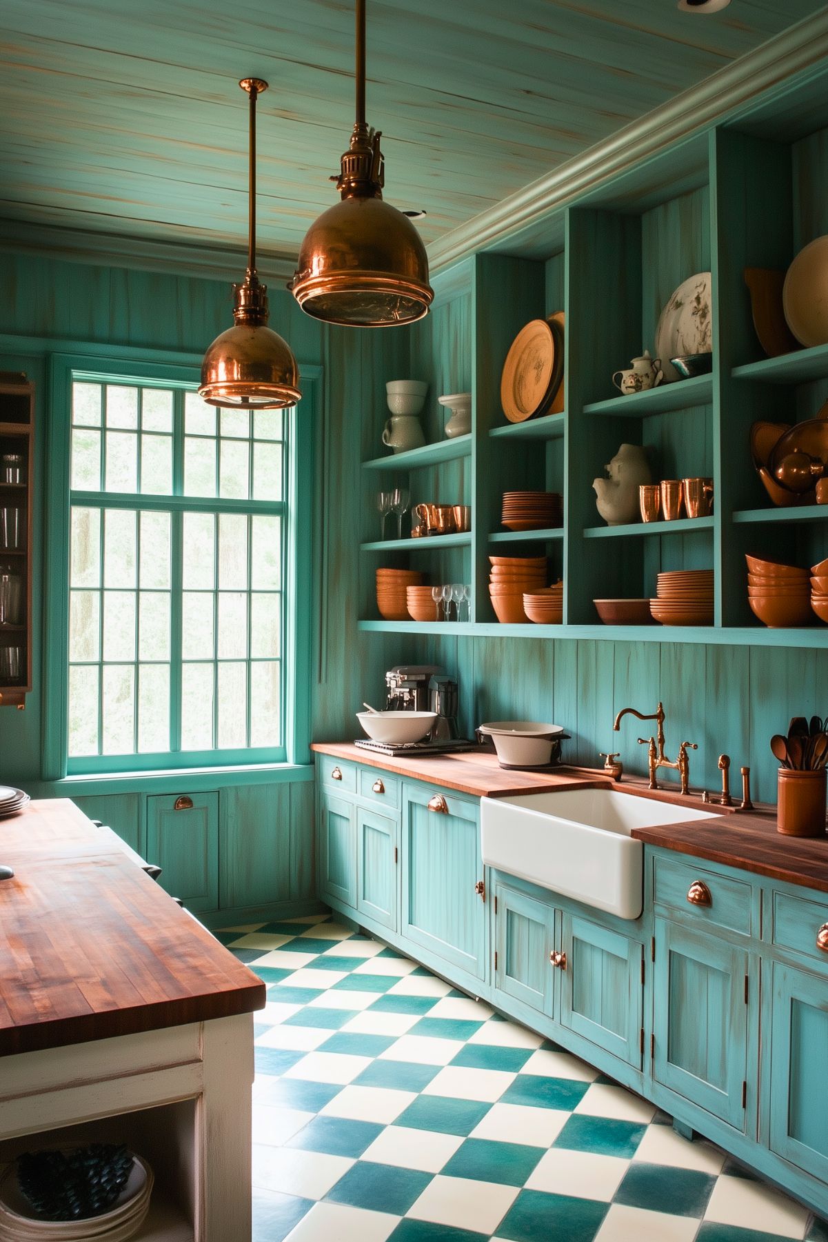 Vintage-inspired teal kitchen with copper accents, featuring open shelving, a farmhouse sink, butcher block countertops, and checkered teal-and-white flooring. Copper pendant lights and cookware add warmth to the space, creating a cozy, rustic feel.