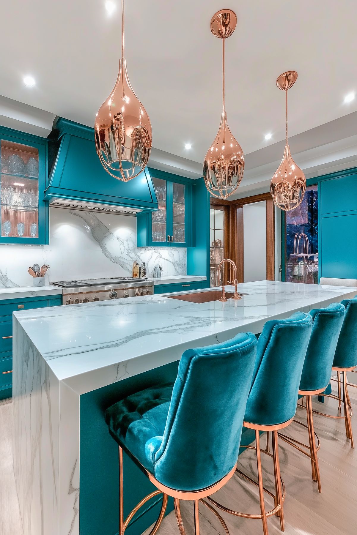 Modern teal kitchen with sleek copper pendant lights, plush velvet bar stools with copper frames, and a marble waterfall countertop. The space is brightened by a marble backsplash and ample lighting, creating a sophisticated, contemporary look with a vibrant color contrast.